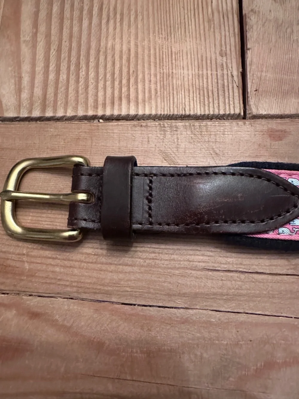 Vineyard Vines Canvas Club Woven Belt Unisex 24 Pink Whale Print Brown Leather